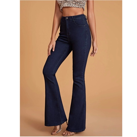 High Waist Flared Dark Wash Blue Denim Jeans Bell Bottom - Picture 5 of 11